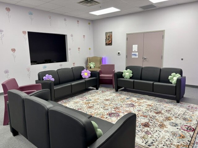The girls' living room with comfortable sofas and flower wall decor